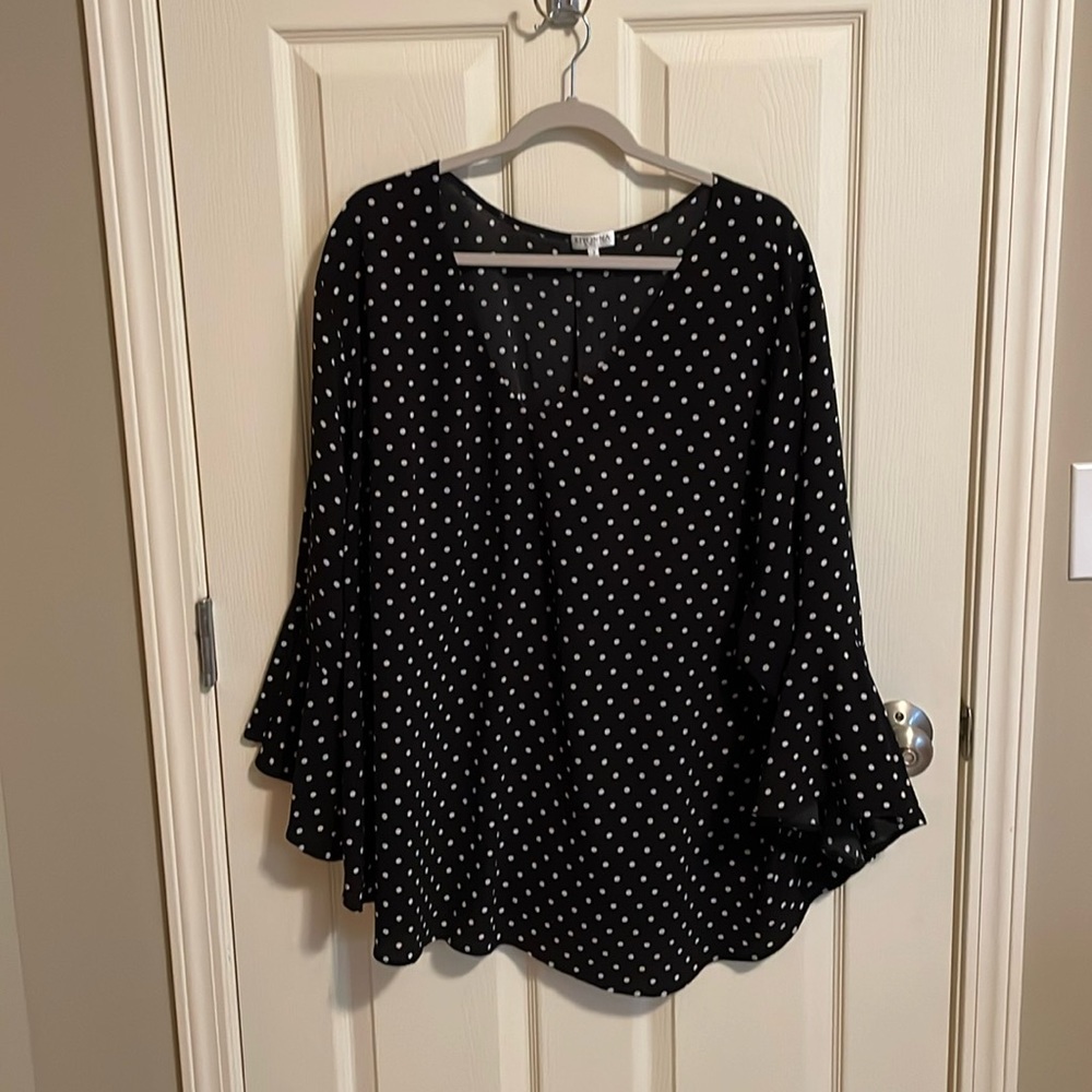 Kiyonna Black and White Polka Dot Flutter Sleeve Blouse